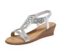 Generisch Sandals Women's Mules Sandals Summer Comfortable Women's Shoes with Oblique Heels Sandals with Thick Soles, Fashionable Diamonds that Wear Bohemian on the Beach, silver, 8.5 UK
