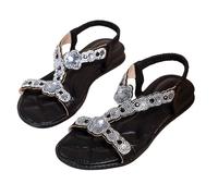 Generisch Sandals Women's Summer Bohemia Sandals with Soft Footbed Toe Separator with Rhinestone Beads Beach Shoes Beautiful Summer Shoes Lightweight Roman Shoes Elegant Flat Sandals, black, 7 UK