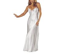 Generisch Satin Pyjamas Women's Long Nightdress Women's Sleeveless Leisure Suit Plain Sleep Shirt Elegant Sleep Shirt Sexy Night Dress Flowy Mesh Dress Lace V-Neck House Dress Pyjamas Sleepwear, White