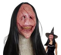Generisch Scary Devil Mask, Realistic Scary Face Mask, Breathable Fixed Headgear with Long Hair and Teeth for Halloween, Horror Films, Scary Houses Costume Accessory