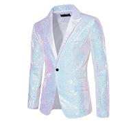 Generisch Sequin Jacket Men's Glitter Jacket Blazer Slim Fit Suit Jackets Carnival Costume for Men New Year's Eve One Button Tuxedo Jacket Shiny Party Outfit, White, L