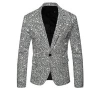 Generisch Sequin Jacket Men's Glitter Suits Jacket Men Long Sleeve Slim Fit One Button New Year's Eve Men's Outfit Spring Suit Jacket Fancy Dress Costume Men Blazer 80s Outfit, O silver., XL