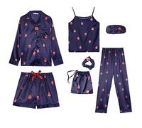 Generisch Seven-piece women's long sleeve set with shorts, pyjamas, comfort, blue, XXL