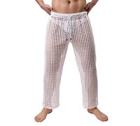 Generisch Sexy Mesh Trousers Men's Fishnet Trousers with Low Waist Hollow Long Trousers Mesh Transparent Muscle Stretchy Long Pants Breathable Fishnet Trousers Mesh Transparent Trousers, White, XL