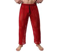 Generisch Sexy Mesh Trousers Men's Fishnet Trousers with Low Waist Hollow Long Trousers Mesh Transparent Muscle Stretchy Long Pants Breathable Fishnet Trousers Mesh Transparent Trousers, red, XL