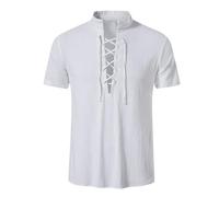 Generisch Shirts Men's Short Sleeve Linen Shirt Plus Size H Enry Stand C Ollar Beach Shirt Medieval Clothing Shirt Without Collar Men's Linen, White, XL