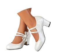 Generisch Shoes Women's Elegant Dirndl Shoes with Low Block Heel Clasp Pumps Bows, Closed Round Toe Comfortable Work Pumps for Weddings, Oktoberfest and Party, White, 7 UK