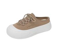 Generisch Shoes Women's Flying Weave Breathable Casual Shoes Women's Trainers, Plain Non-Slip Platform, Slip-On, Women's Shoes Soft Sole Hundreds Half Drag Mesh Shoes, khaki, 8 UK