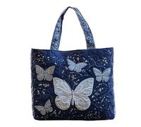 Generisch Shopper Bag Women's Unisex Retro Personalised Reusable Bags Spacious Casual Fabric Bag with Embroidery Quilted Padded Handle Patchwork, blue, 40 Cm X 34 Cm