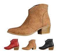 Generisch Short boots women's garden, winter boots women's leather, non-slip block heel pointed side zip thick heel leather boots plain warm slip-on boots flat half boots, brown, 7 UK