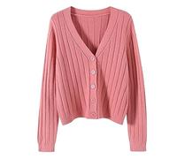 Generisch Short Outside Loose Long Sleeve V-Neck Sweater Knitted Jumper Plain Cardigan Coat Blouse Women's Dirndl Red, pink, One Size