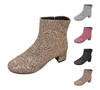 Generisch Short Winter Boots for Women, Glitter Sequins, Round Women's Shoes, Silver, Plain Flat Block Heel with Medium Heel, Short Boots, Large Size, gold, 5 UK