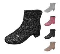 Generisch Short Winter Boots for Women, Glitter Sequins, Round Women's Shoes, Silver, Plain Flat Block Heel with Medium Heel, Short Boots, Large Size, black, 8.5 UK