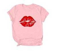 Generisch Short Women's Pots Print Thick Blouse Casual Sexy O-Shirt Lips Sleeves T-Neck Women's Blouse Festive Ladies Wedding, pink, XL