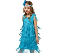 Generisch Skater Stuff Flapper Dress for Girls Sequins Fringe Latin Dance Dress Tassel Tango Dress Ballroom Costume with Feather Headband Cord Girls, blue, 7-9 Years