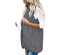 Generisch Sleeveless Fleece Vest Women's Long Teddy Jacket Women's Winter Warm Plush Vest with Hood Cuddly Winter Coat Sporty Fur Vest Fluffy Hooded Coat Fluffy Thick Long Vest, gray, M