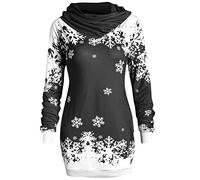 Generisch Slim Christmas Sweatshirt for Women Long Sleeve Cowl Neck Lightweight Pocket Hip Snowflake Print Midi Sweater Dress Mesh Top Black, black, XL
