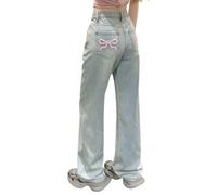Generisch Slim Fit High Wide Leg Jeans with Embroidered Bow Lightweight Summer Jeans for Petite Women Stretch Trousers Women Black 48, blue, S