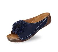 Generisch Slippers Women's Stylish Open Toe Wedge Heel Leather Top Floral Pattern Comfortable Shoes with Temperament, navy, 8.5 UK