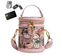 Generisch Small Bucket Bag Adjustable PU Leather with Retro Bear | Women's Barrel Bags for Everyday Commuting Shopping Dates Work Office Park Walks Cycling Outdoor Travel