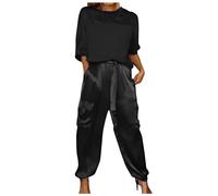 Generisch Smooth Satin Top Trousers with Half Sleeves Casual Summer T-Shirt Satin for Women Two Piece Outfit Jogger Long Set Casual Trouser Suits High Waist Crew Neck 2-Piece, black, S