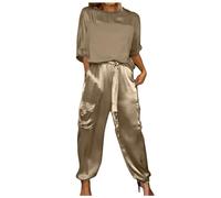 Generisch Smooth Satin Top Trousers with Half Sleeves Casual Summer T-Shirt Satin for Women Two Piece Outfit Jogger Long Set Casual Trouser Suits High Waist Crew Neck 2-Piece, khaki, S
