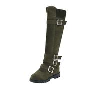 Generisch Solid Belt Buckle Decoration Zip Thick Heel Long Sleeve Knee-Length Women's Boots in Western Style for Winter, Green, 6 UK