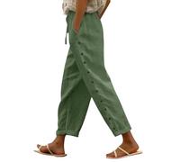 Generisch Solid Color Elastic Waist for Women Loose Side Button Decoration Versatile Nine Point Casual Pants, Green, XXL