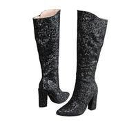 Generisch Sparkly Chunky Heel Boots Spring Sexy Round High Boots Big Heel Shoes Women 36 Under 20, black, 4 UK