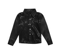 Generisch Sparkly Sequin Long Sleeve Shirt with Button Placket for Boys Dance Performance Stage Costume, black, 7-8 Years