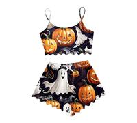 Generisch Spooky Vest Pyjama Set Halloween Spooky Pyjamas Women's Uminous Pyjama Set for Spooky Season Soft Flannel Pyjama Sets with Print Glow-in-the-Dark Stretch, Pyjamas B3-orange, L
