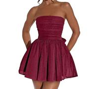 Generisch Strapless Short Homecoming Dresses for Teens Sparkly Tulle Prom Gowns with Bow Dress with Lace Women, Wine Red, S