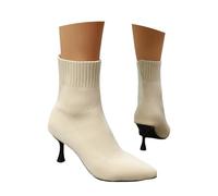 Generisch Stretch Boots Women's High Heels Short Boots Knitted Single Boots Pointed Socks Boots Winter Elasticity Ankle Boots Slip-On Boots Warm Lined Women's Boots Half Boots, O Beige, 9 UK