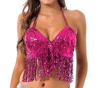 Generisch Striped Shirt Women's Belly Dance Sequins Bra Tassel Clothing Halterneck Tops Fashionable Women, Hot Pink, A