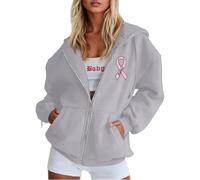 Generisch Stylish Hooded Sweatshirt with Zip Hood and Breast Cancer Awareness Band Print Versatile Casual Wear for All Seasons Jumper Fringe, gray, S