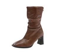 Generisch Stylish Short Boots - Chunky High Heel Women's Ankle Boots with Block Heel Women's Ankle Boots 2025 Pleated Lace Female Boots with High Heel Square with Mid Calf Boots, brown, 9 UK