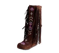 Generisch Stylish Women's Knee Boots with Fringe Flock Chinese High Long Tassel Nation Flat Heels Boots