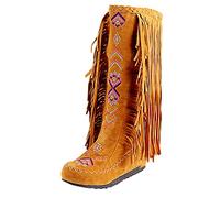 Generisch Stylish Women's Knee Boots with Fringe Flock Chinese High Long Tassel Nation Flat Heels Boots, yellow, 8.5 UK