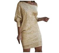 Generisch Stylish Women's V-Neck Sequin Midi Dress, Elegant Off Shoulder Party Dress for Spring and Summer, Light Blue Dress, Short, gold, XXL