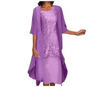 Generisch Summer Dress Women's Casual Embroidery Dress Round Neck Elegant Dress Half Sleeve Chiffon Scarf Cardigan Two Set Dress, purple, XXL