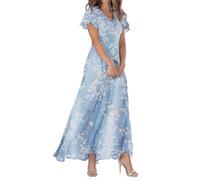 Generisch Summer Dress Women's Long Dress Chiffon Floral Pattern Short Sleeve Ruffle V-Neck Fashionable Waist Flowing Dress Dresses Black Maxi Dress Women