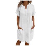 Generisch Summer Dresses Women's Knee-Length Cotton Blouse Dress - V-Neck Short Sleeve Shirt Blouse Dress - Loose Plain Shirt Dress with Dress Long Sleeve Women's Elegant Black, White, L