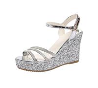Generisch Summer Sandals with Rhinestone Ankle Strap Thick Platform Heels for Women Ideal for Holiday Dates with Open Toe Glitter Details, silver, 8.5 UK