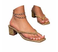 Generisch Summer Thong Sandals with Water Drop Crystals Mid Heel - Stylish Slip On Toe Plates Glamorous Shoes for Everyday Holiday, gold, 7 UK