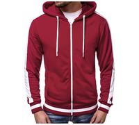Generisch Sweat Jacket Men's Colour Block Slim Fit Hooded Jacket with Drawstring Full Zip Transition Jacket Plain Casual Autumn Jacket with Hood Comfortable Soft Leisure Jacket, red, M