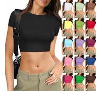 Generisch T-Shirt Women's Basic Slim Fit T-Shirt Crop Tops Y2K Tops Summer Plain Crew Neck Blouse Long Sleeve Shirt Classic Tee Shirt Stretchy Aesthetic Shirts Teenager Girls Casual Streetwear, 1-b, S