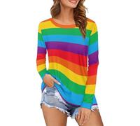Generisch T-Shirt Women's Long Sleeve Cotton Crew Neck Sweatshirt Rainbow Wide Striped Shirt Soft Cuddly Tops Unisex Sweatshirts Casual Individuality T-Shirts, O Multicolor, XXL