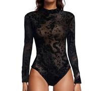 Generisch T-Shirt Women's Mesh Jumpsuit Lace Bodysuit Dragon Print Top Long Sleeve Transparent Sexy Slim Temperament Long Sleeve Body Turtleneck Top Lingerie, black, S