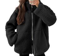 Generisch Teddy Jacket Women's Warm Fluffy Plush Jacket Zip Teddy Fleece Jacket Thermal Teddy Winter Jacket Plain Lapels Fleece Jacket with Pockets Leisure Outdoor Fleece Coat Winter Coat, black, S