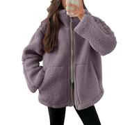 Generisch Teddy Jacket Women's Wool Fleece Jacket Zip Teddy Fleece Jacket Warm Fluffy Plush Jacket Plain Oversize Fleece Jacket with Pockets Leisure Outdoor Cuddly Jacket Winter Jacket, purple, S
